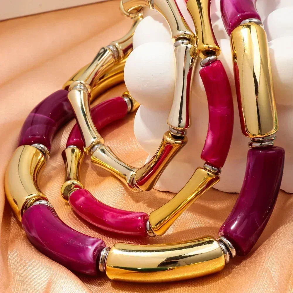 3 pieces/set Bohemian Acrylic Bamboo Beads Choker Necklace Set for Women Chunky Tube Necklaces 2024 Accessories Jewelry Femstylo