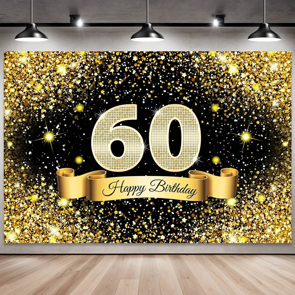 Golden black birthday party background, 18-40-50-60-year-old photography background, photo booth logo, poster background banner