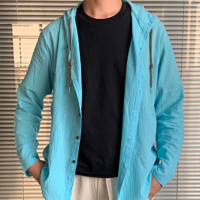 Summer Men's Linen Shirt Solid Streetwear Long Sleeve Hoodie Cardigan