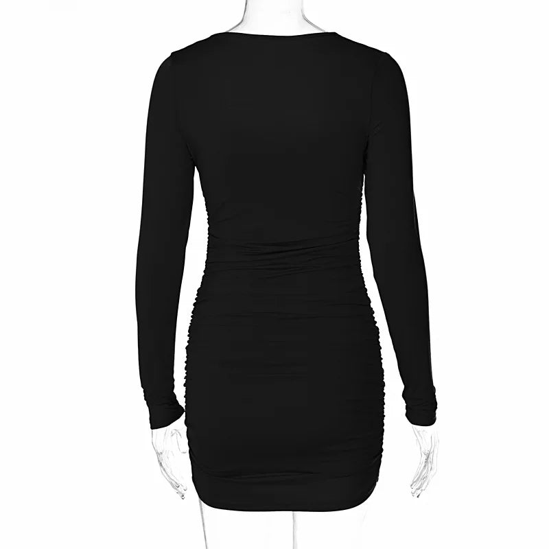 Hugcitar Long Sleeve Ruched Mini Dress For Women Summer Slim Elegant Party Clothes Club Outfits Birthday Evening