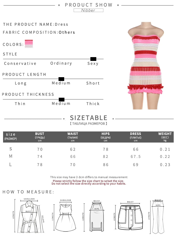 Nibber Knitted Striped Print Mini Dress Strapless Bodycon Women Backless Prom Vacation Party Casual Streetweaer Dresses Clothing