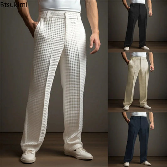 New 2025 Men's Elegant Waffle Suit Pants Solid Loose Straight Trousers Business Social Dress Pants Casual Vacation Pants for Men