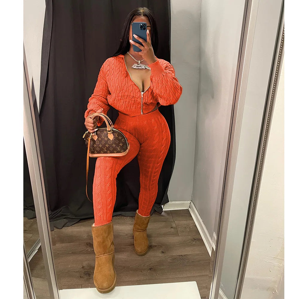 Knit Two Piece Sets Women Hooded Cardigan Pants Suits Spring Autumn Winter Clothing Sportswear Joggers Tracksuit Matching Sets