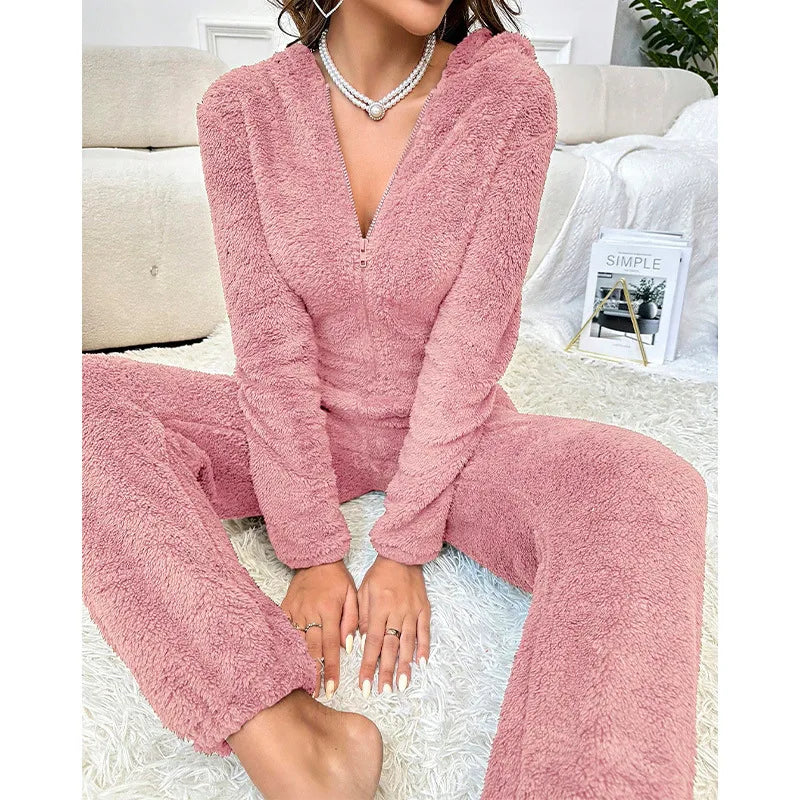 Warm Fleece Pajamas Jumpsuit Lady Autumn Winter Homewear Hooded Nightwear Coral Fleece Onesie Long Sleeve Loungewear Sleepwear