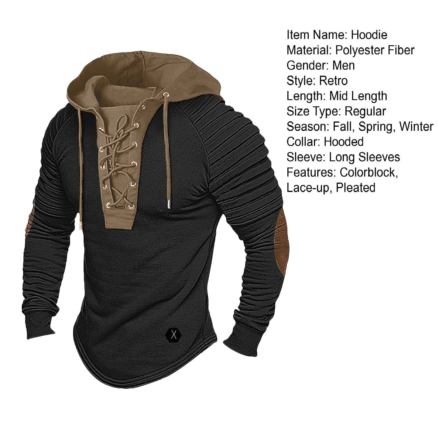 Men Spring Fall Hoodie Pleated Shoulder Colorblock Drawstring Hooded Top Long Sleeve Pullover Lace-up Retro Men Daily Hoodie