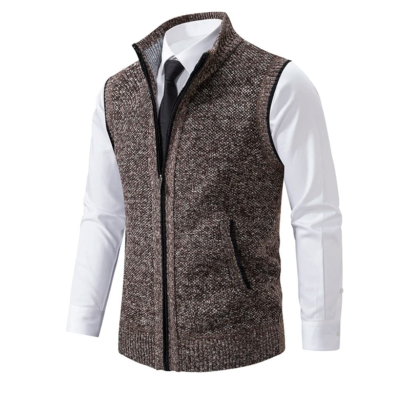 Vest Men's Knitted Sleeveless Sweater Wool Velvet Zipper Cardigan Turn-down Pullovers Turtleneck Sweatercoat Knit Waistcoat