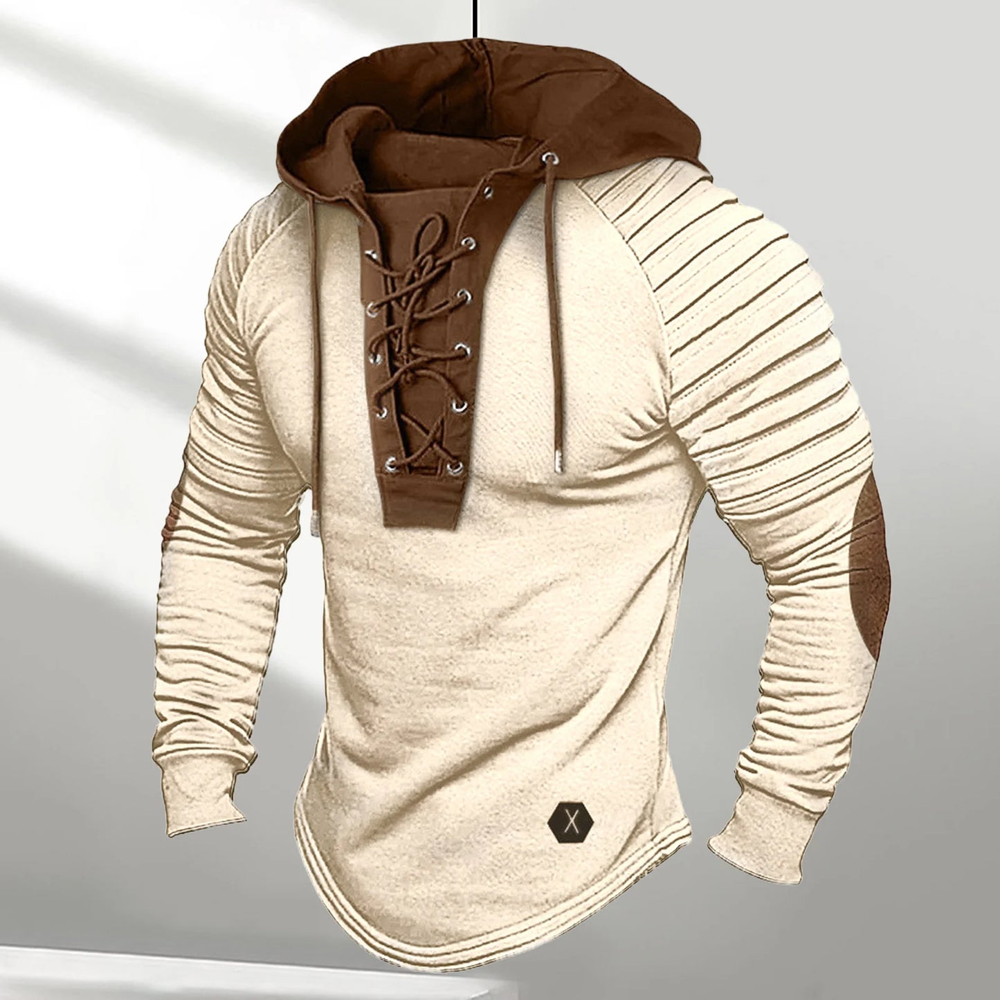 Men Spring Fall Hoodie Pleated Shoulder Colorblock Drawstring Hooded Top Long Sleeve Pullover Lace-up Retro Men Daily Hoodie