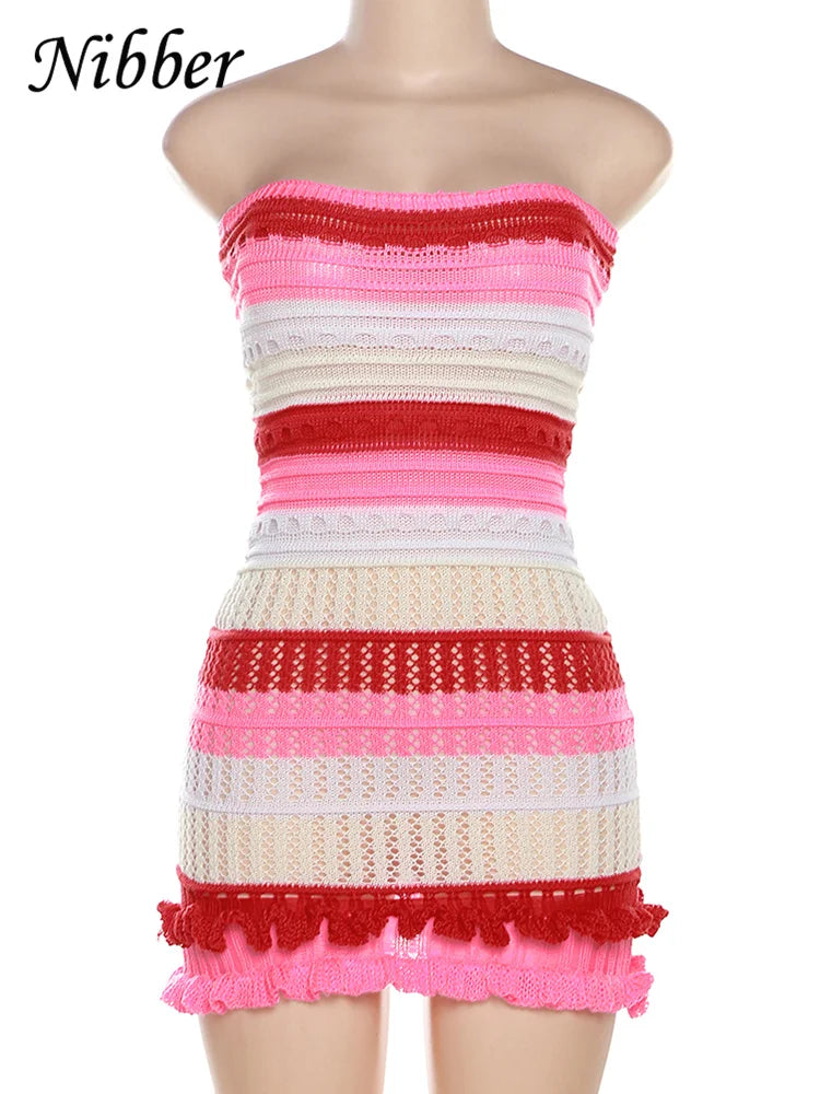 Nibber Knitted Striped Print Mini Dress Strapless Bodycon Women Backless Prom Vacation Party Casual Streetweaer Dresses Clothing