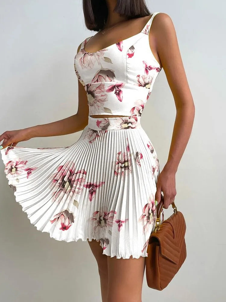 Sexy Printed Halter Pleated Short Skirt 2 Piece Set