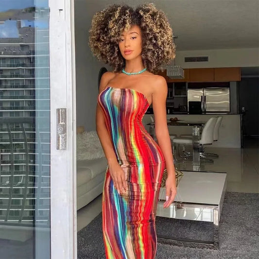 2025 Summer Women's Print Slim Sexy Strapless Long Vintage Dress  Robe Vestido Streetwear Evening Dresses