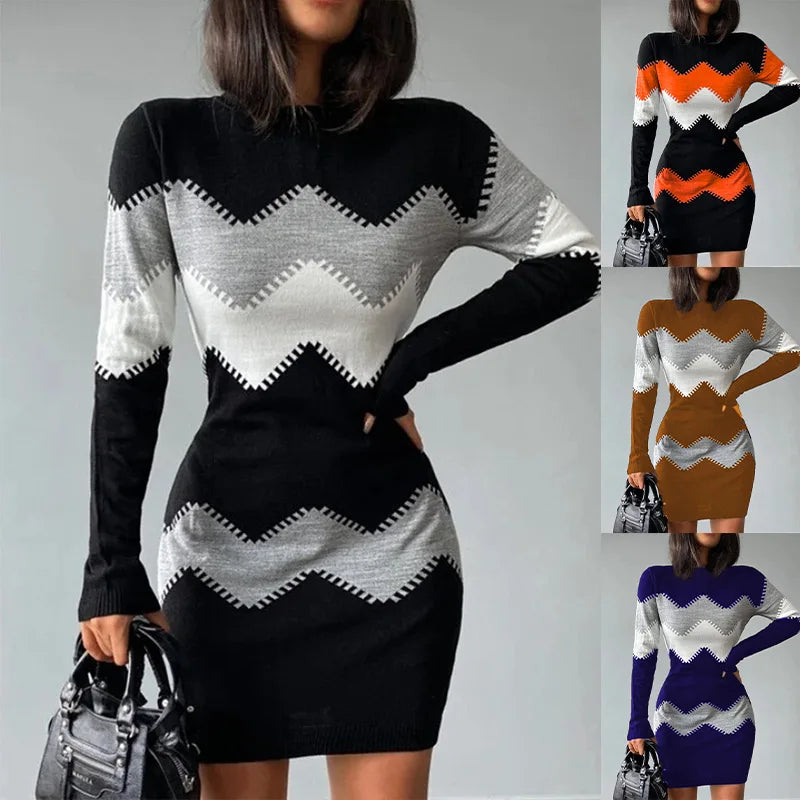 Fashion Print Knitted Mini Dress Women Autumn Winter O-neck Long Sleeve Dresses For Women Elegant Bodycon Package Hips Robe