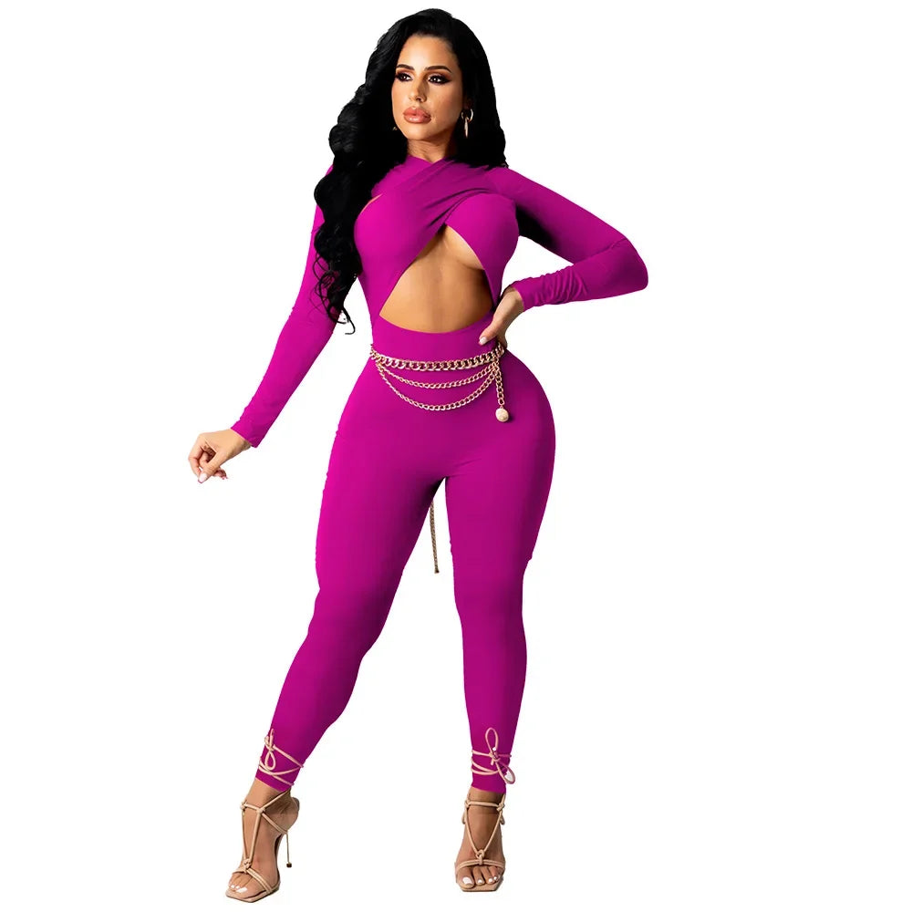 Sexy Hollow Out Bodycon Rompers Womens Jumpsuit Long Sleeve Bandage Overalls for Women Party Club Birthday One Piece Outfits