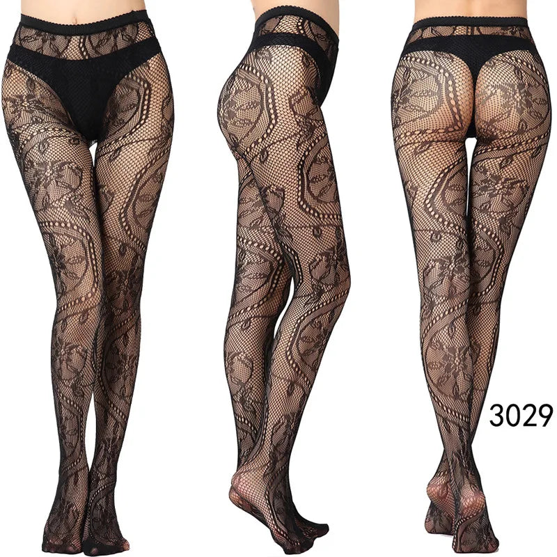 Women Sexy Fishnet Tights Jacquard Weave Seamless Pantyhose Yarns Garter Grid Fish Net Stockings Black Spider Gothic Lace Tights