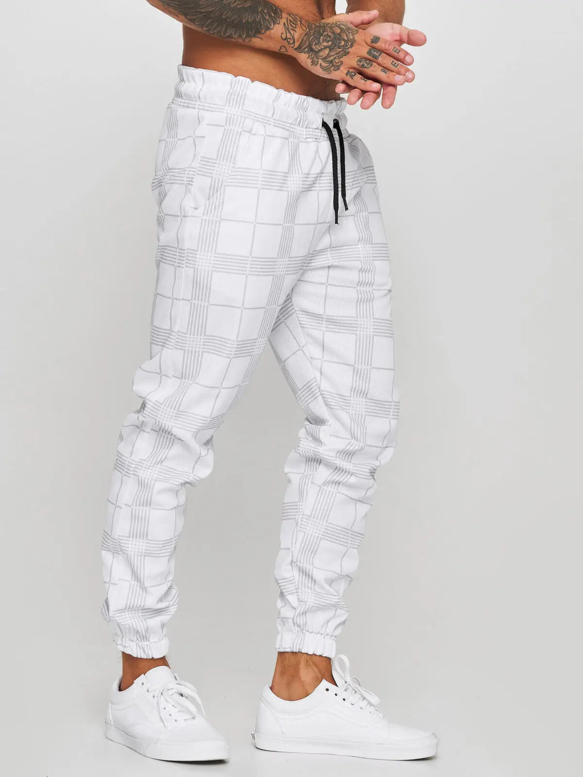 New Fashion Men Pants Mid Waist Slims Fit Male Sweatpants Plaid Checkered Side Stripe Trousers Summer Work Casual Pants