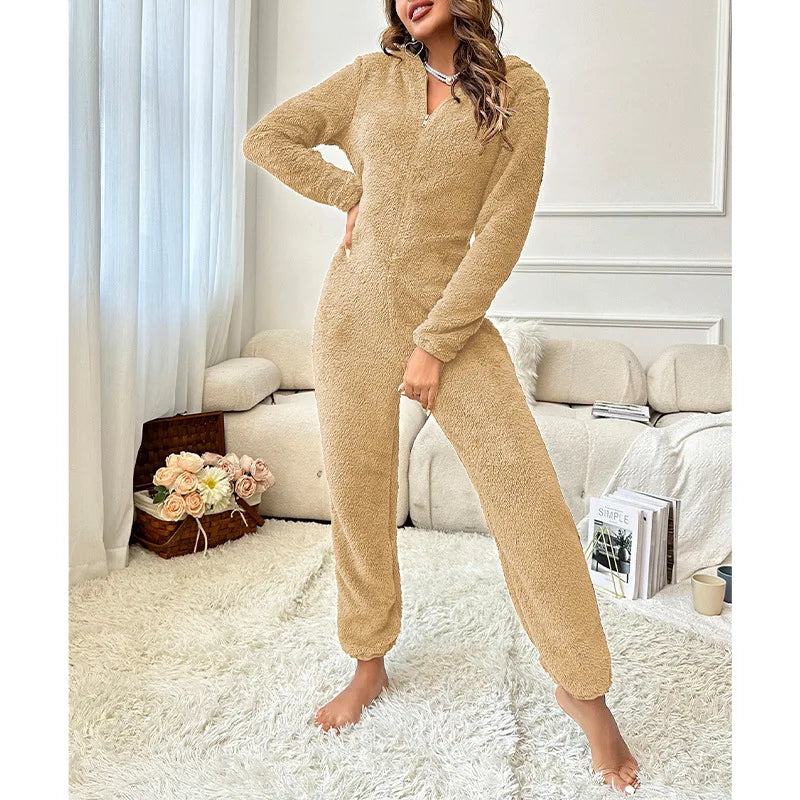 Warm Fleece Pajamas Jumpsuit Lady Autumn Winter Homewear Hooded Nightwear Coral Fleece Onesie Long Sleeve Loungewear Sleepwear