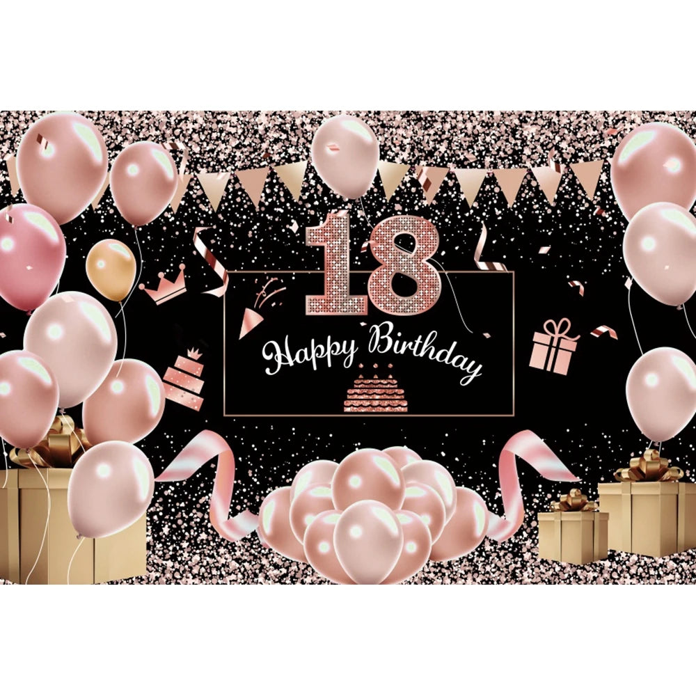 18th Birthday Photography Background Black Golden Glitter Balloons Boys Girls 18 Years Old Birthday Party Decoration Backdrops