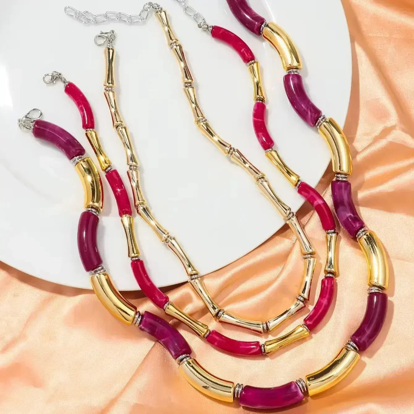 3 pieces/set Bohemian Acrylic Bamboo Beads Choker Necklace Set for Women Chunky Tube Necklaces 2024 Accessories Jewelry Femstylo