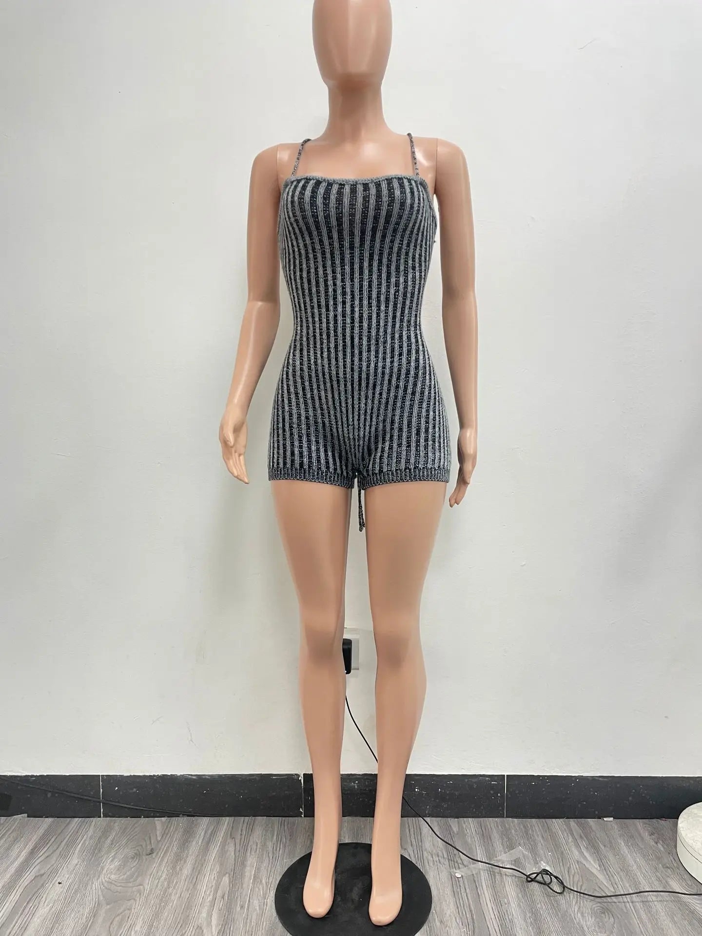 Sexy Backless Rompers Shorts Knitted Striped Jumpsuits Women Elegant Luxury Bodycon Sexy One Piece Knitwear Jumpsuit