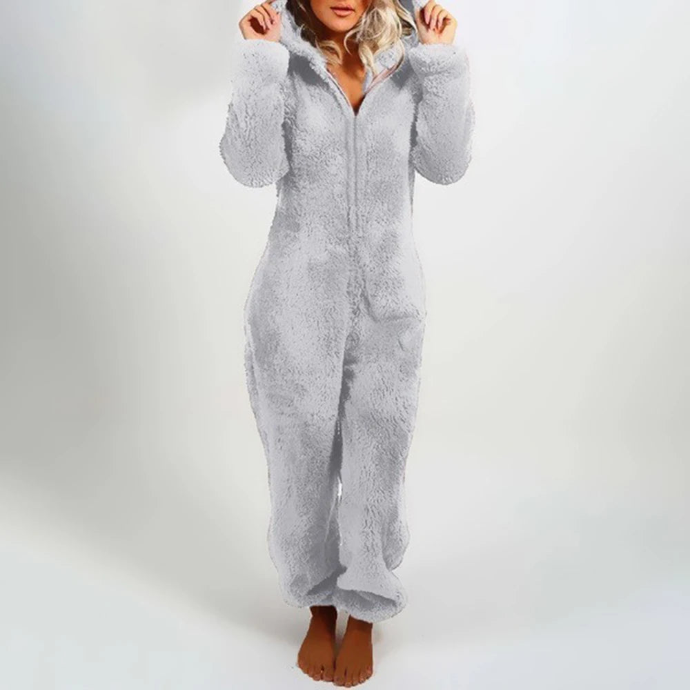 Cross border Women Onesie Pajamas Winter Thick Warm Long-sleeved Hooded Jumpsuit Plush Fleece Cute Cat Ears Rompers Loungewear