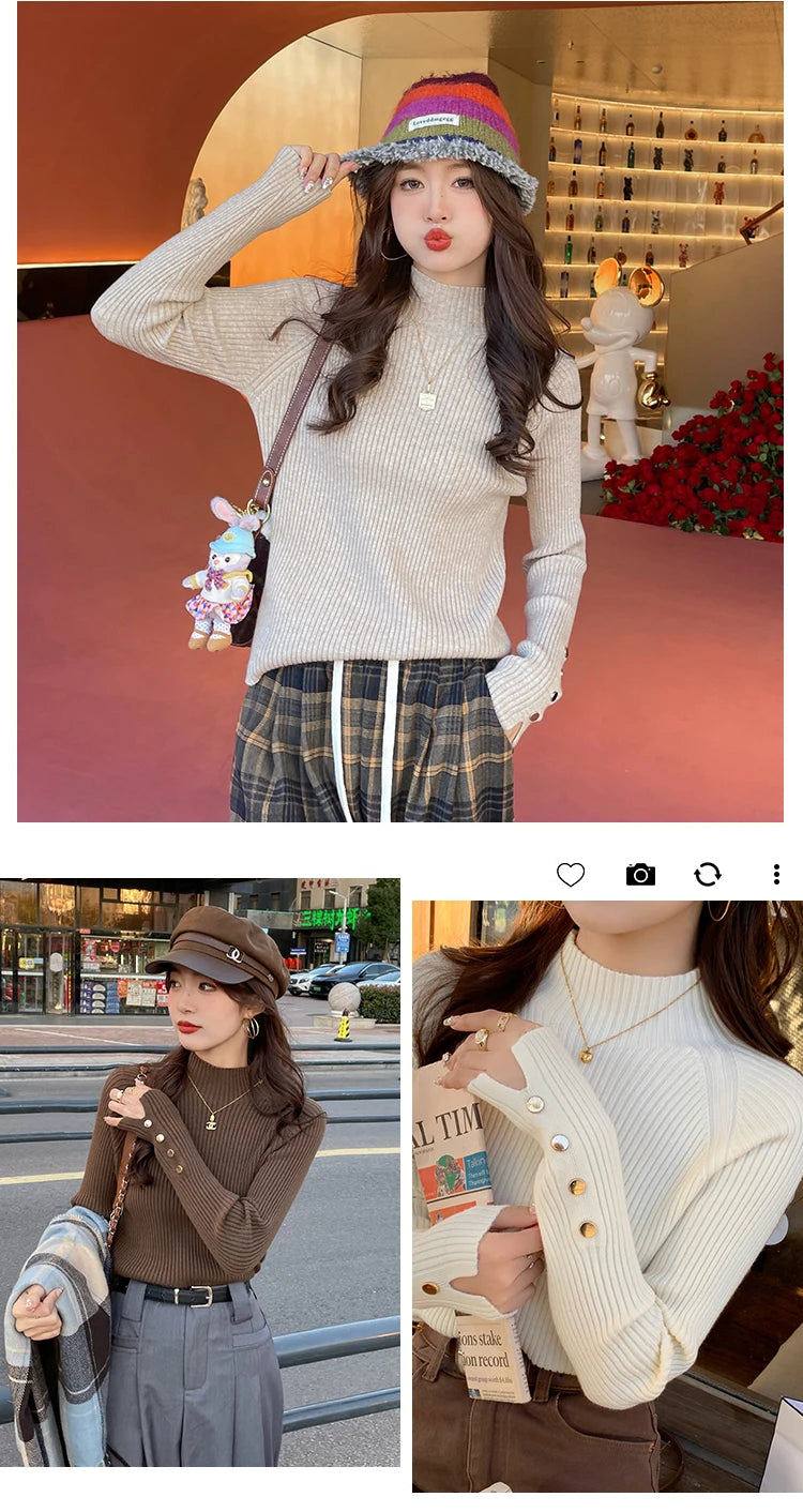 Autumn Winter Sweater Women  Pullovers Long Sleeve Tops Clothes Slim Knit Soft Jumper Streetwear Button Turtleneck Sweater