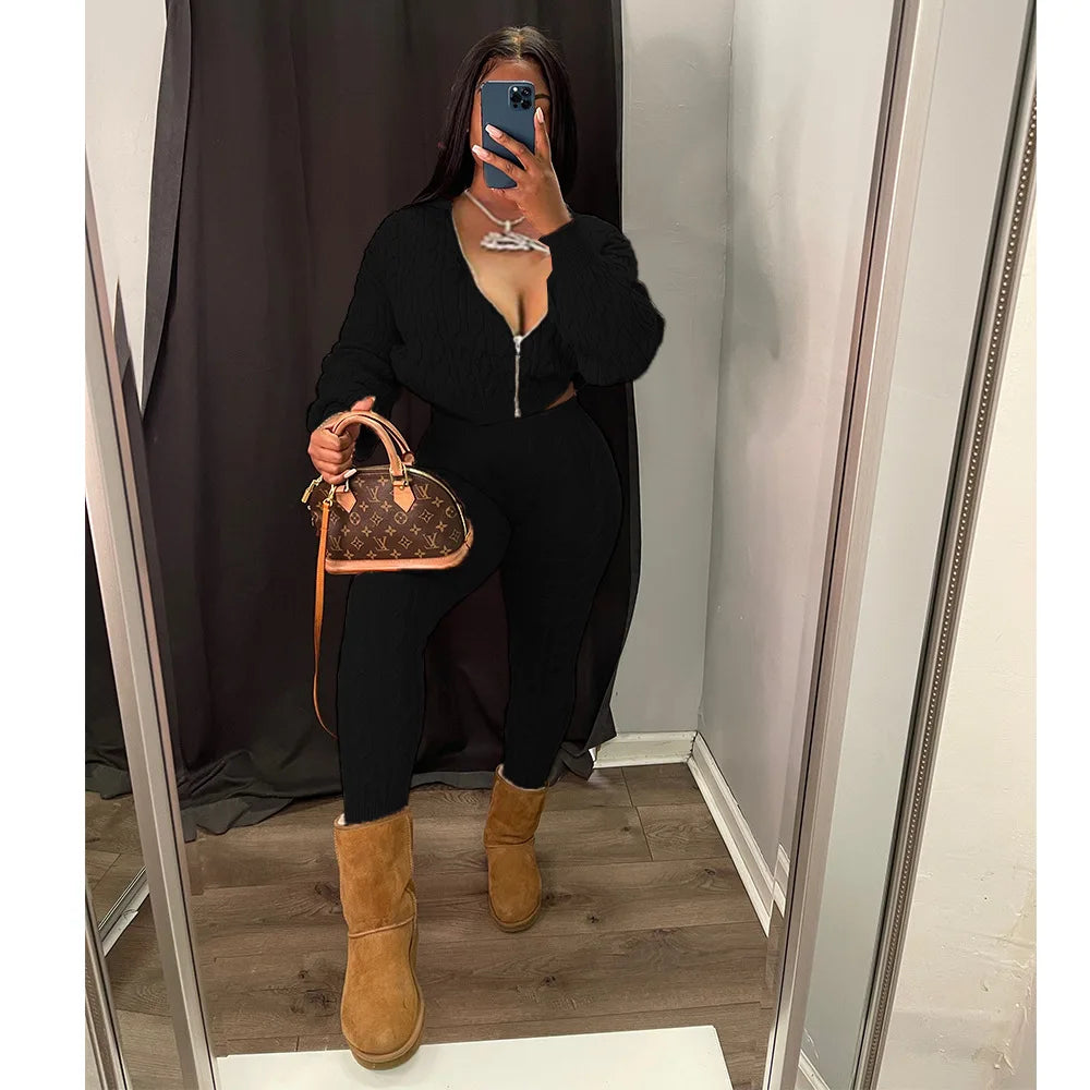 Knit Two Piece Sets Women Hooded Cardigan Pants Suits Spring Autumn Winter Clothing Sportswear Joggers Tracksuit Matching Sets