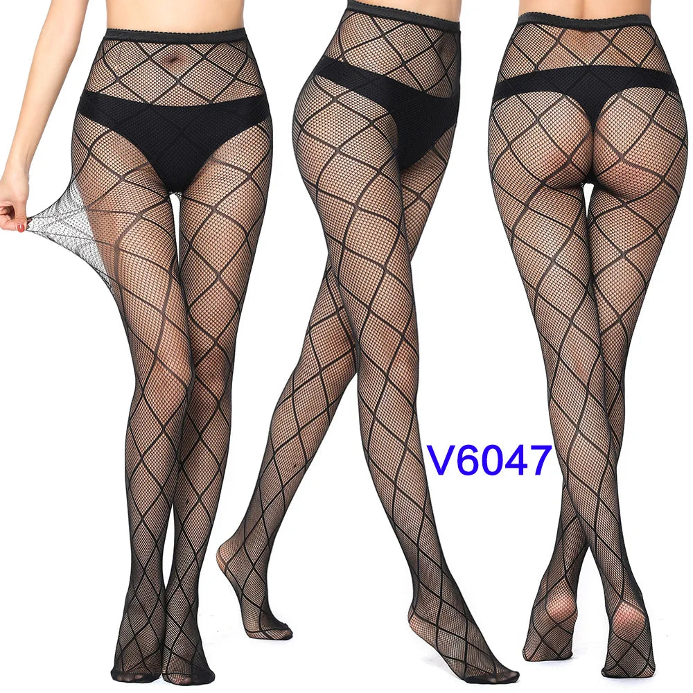 Women Sexy Fishnet Tights Jacquard Weave Seamless Pantyhose Yarns Garter Grid Fish Net Stockings Black Spider Gothic Lace Tights