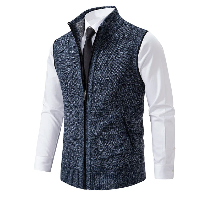 Vest Men's Knitted Sleeveless Sweater Wool Velvet Zipper Cardigan Turn-down Pullovers Turtleneck Sweatercoat Knit Waistcoat