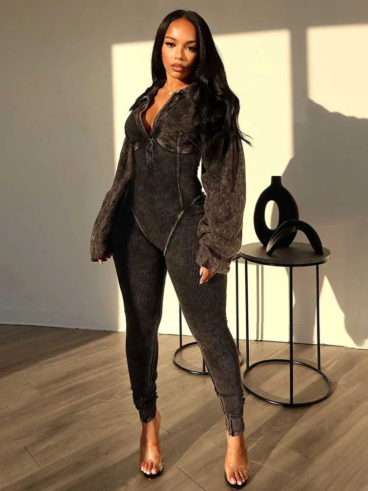 Fitness Jumpsuit Stretchy Sexi Women One Clothes Autumn Winter Knit Jumpsuits Ribbed Jumpsuit Long Sleeve Tight Fit Overalls