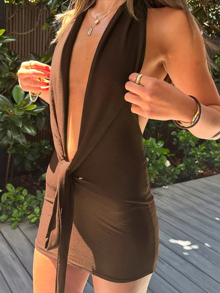 Weird Puss Sexy Halter Dress Women Backless Deep V-Neck Tight Bandage Summer Midnight Hottie Sexy Clubwear Trend Hipster Bodycon