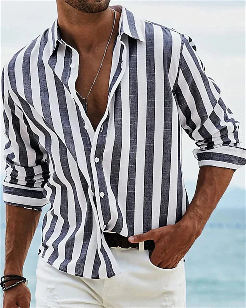 New men's long-sleeved blue striped printed shirt men's social high-end men's Hawaiian style elegant classic fashion tops