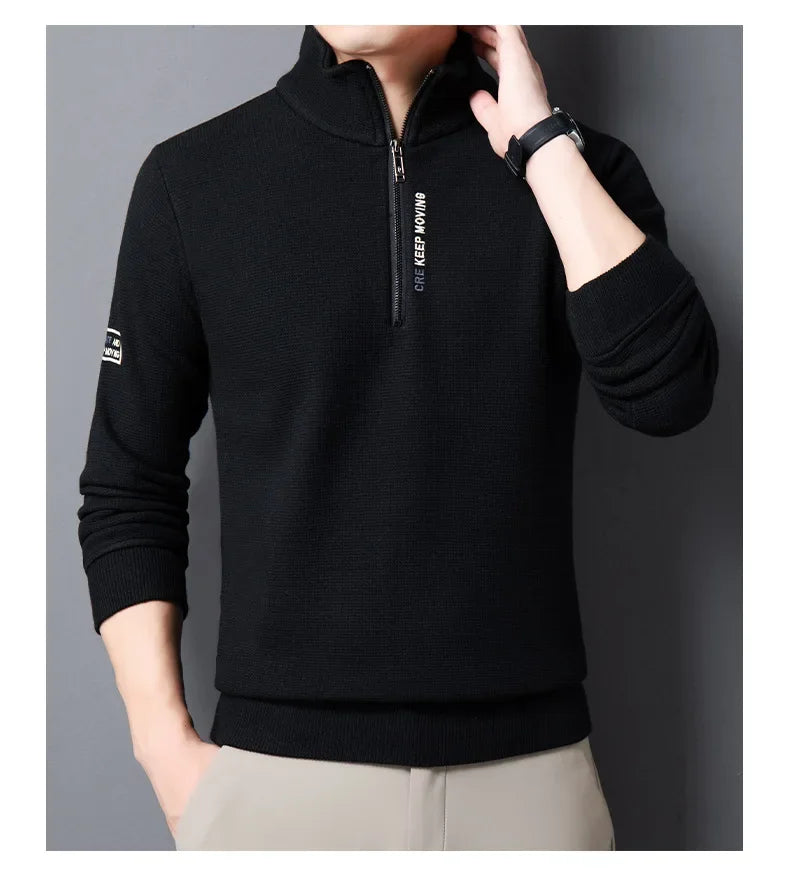 Men's Clothing Turtleneck Sweater Fashion Men's Knitwear Solid Color Chunky Half Zipper Thickening Sweater Luxury Warm Sweater