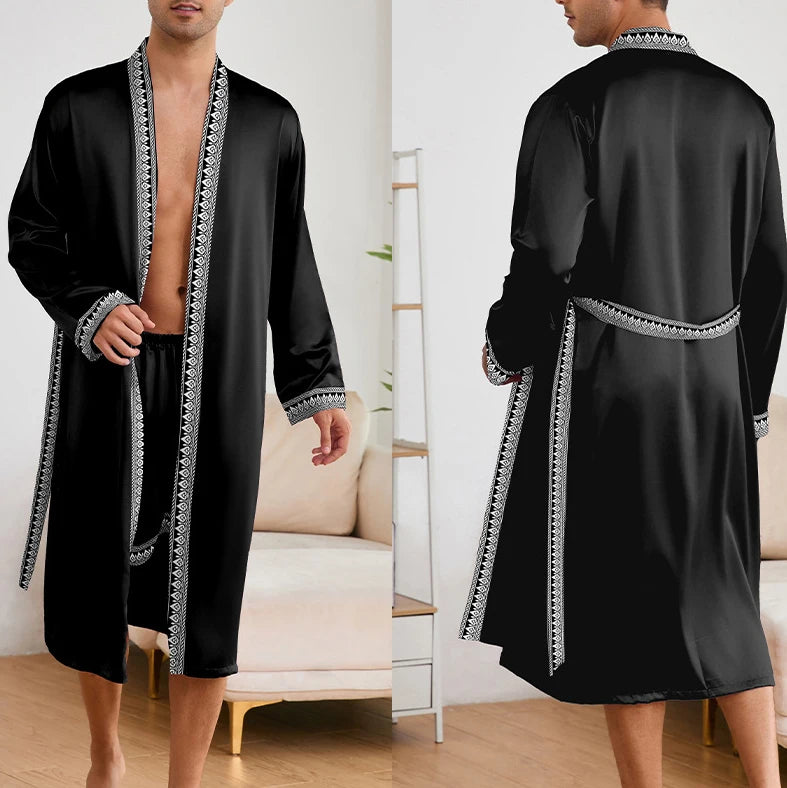 Male Ice Silk Pajamas 2Pcs Robe Suit Man Sleepwear Summer Spring Kimono Loungewear Peignoir Homme Nightwear Bathrobe Gown