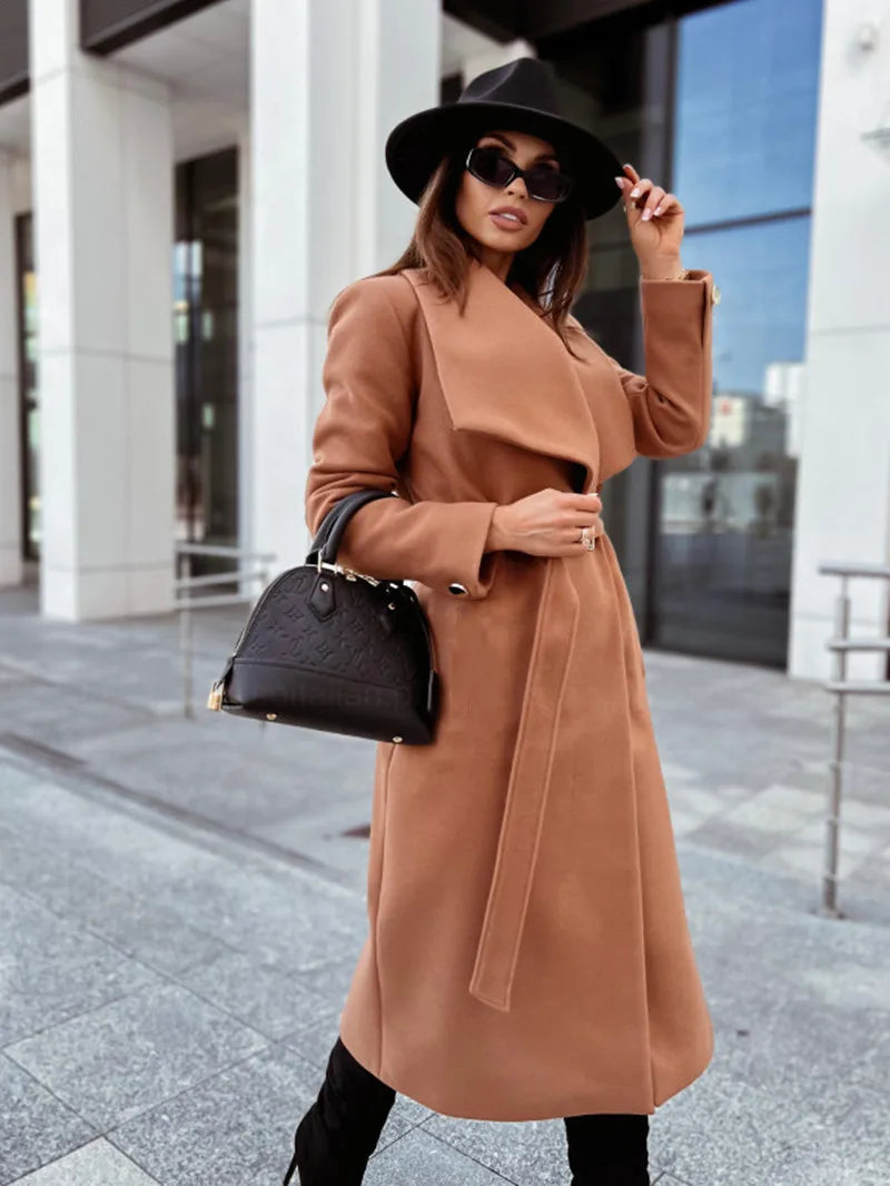 Autumn Winter Long Blends Coats Women Long Sleeve Turn-down Collar Coat and Jacket Belt Solid Fashion Jackets Woman Clothes