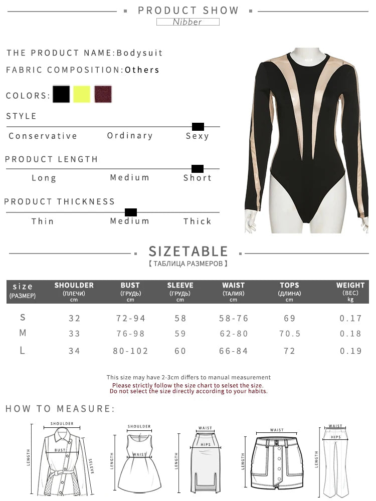 Nibber Sexy Patchwork Bodysuit Women Mesh Hollow Autumn Fashion Tight-Fitting Long-Sleeve Skinny Stretch Basic One-Piece Top