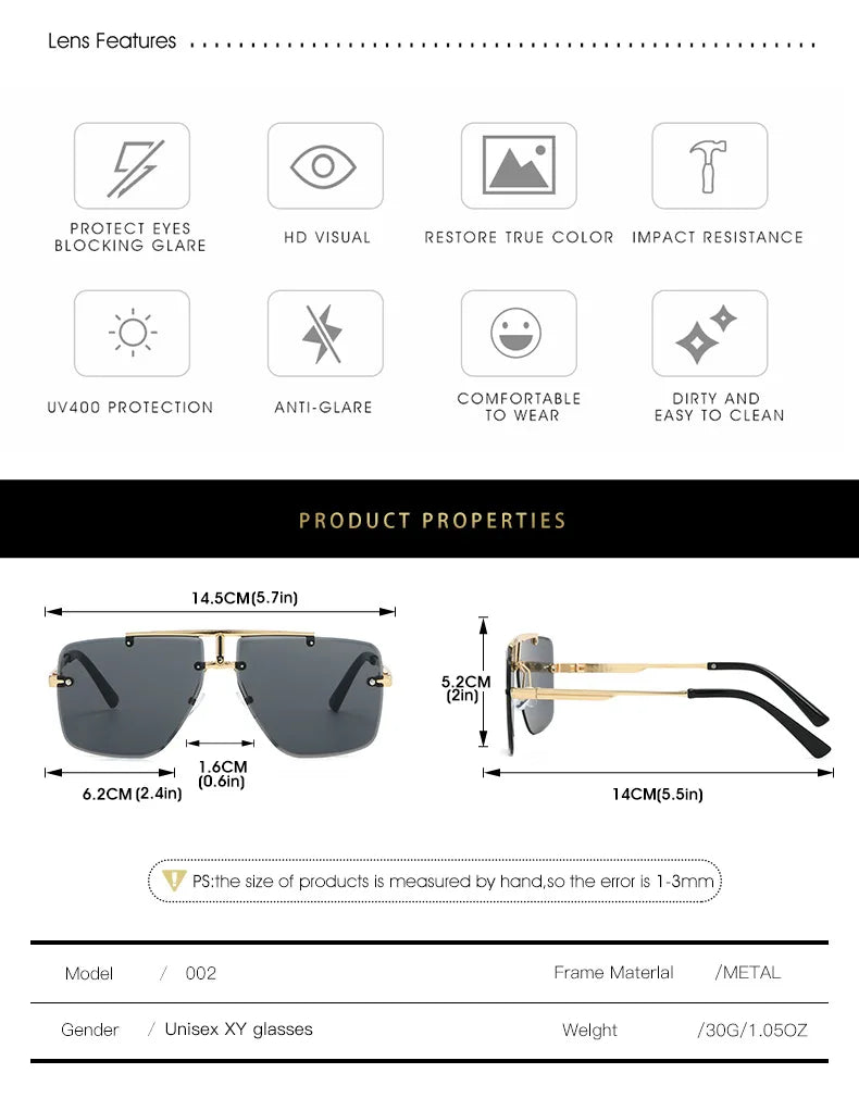 New Fashion Men Rimless Sunglasses For Women Double Bridge Metal Frame Sun Glasses Driving Shades UV400 Eyeglasses