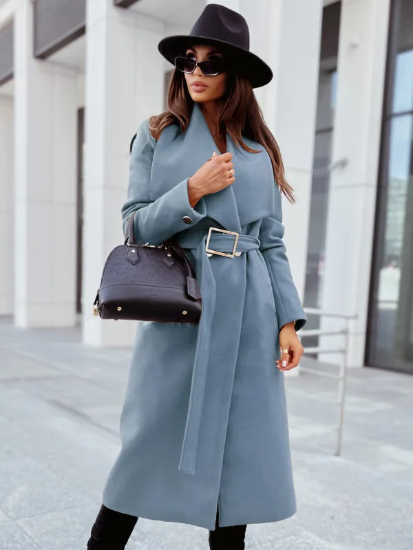 Autumn Winter Long Blends Coats Women Long Sleeve Turn-down Collar Coat and Jacket Belt Solid Fashion Jackets Woman Clothes