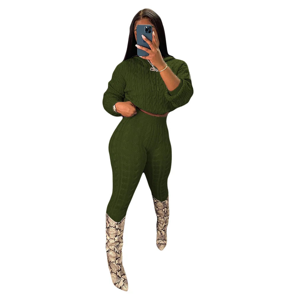 Knit 2 Piece Sets Women Hooded Tops Pants Set Spring Autumn Winter Clothing Sportswear Joggers Knitted Tracksuit Matching Sets