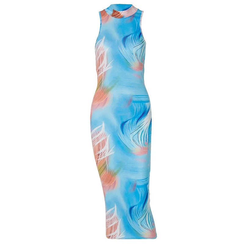 Hugcitar Tie Dye O Neck Sleeveless Backless Sexy Bodycon Slit Midi Dress Summer Women Fashion Clothes Y2K Streetwear Party