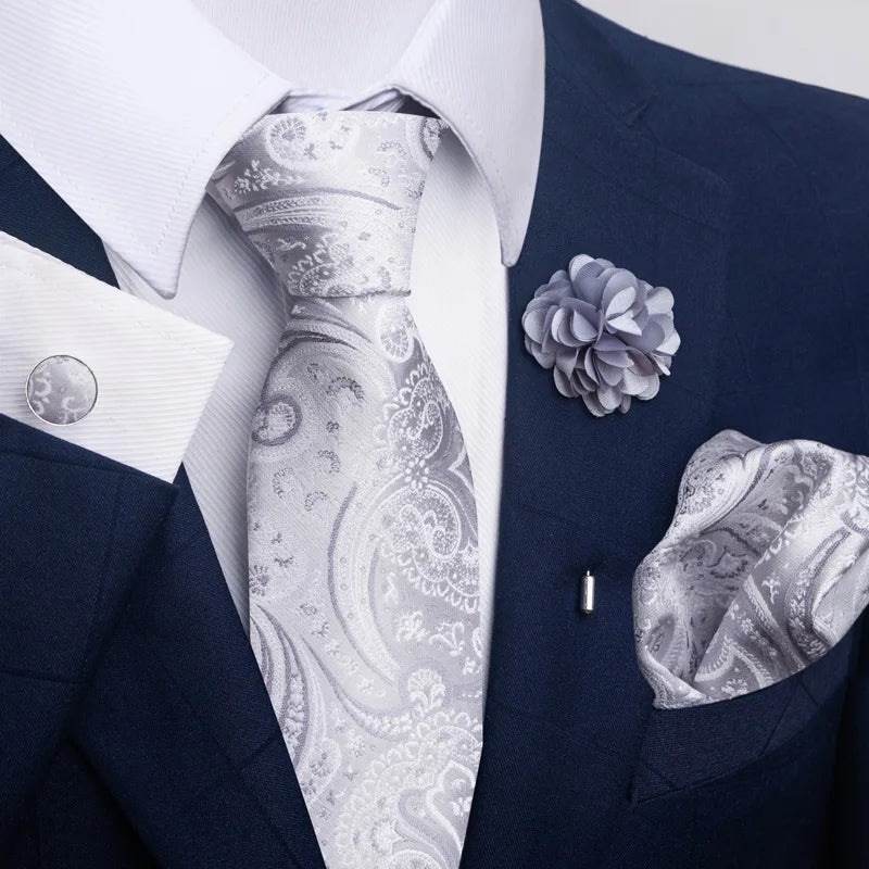 Luxury Mens Ties Floral Black Gold Ties Paisley NeckTie Pocket Square Cufflinks Brooch Set Men's Wedding Party Tie