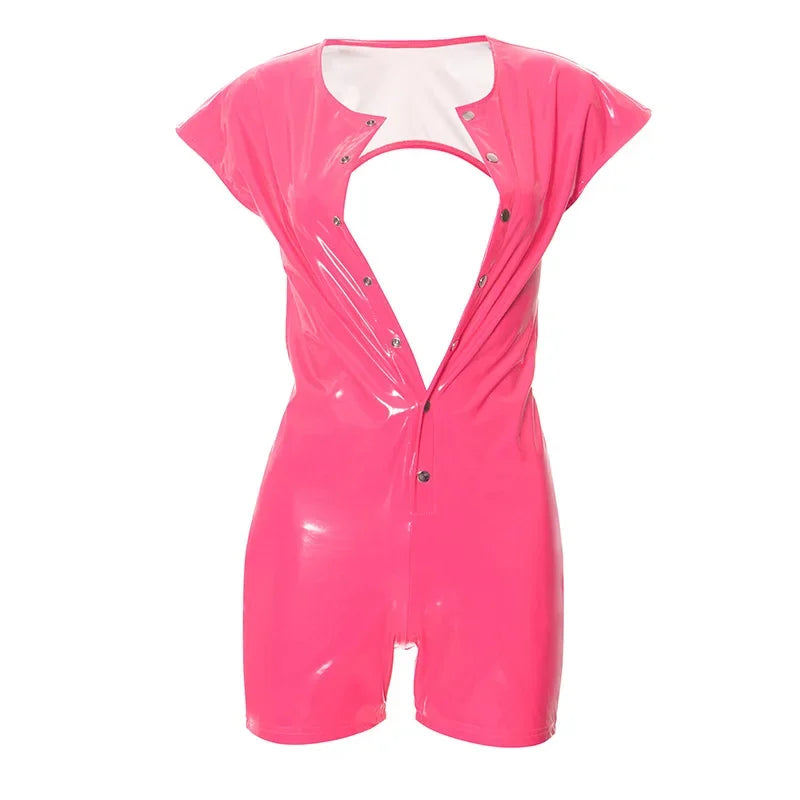 CM.YAYA Women Short Sleeve Single Breasted V-neck Short Jumpsuit Summer Street PU Leather One Piece Suit Romper Playsuits