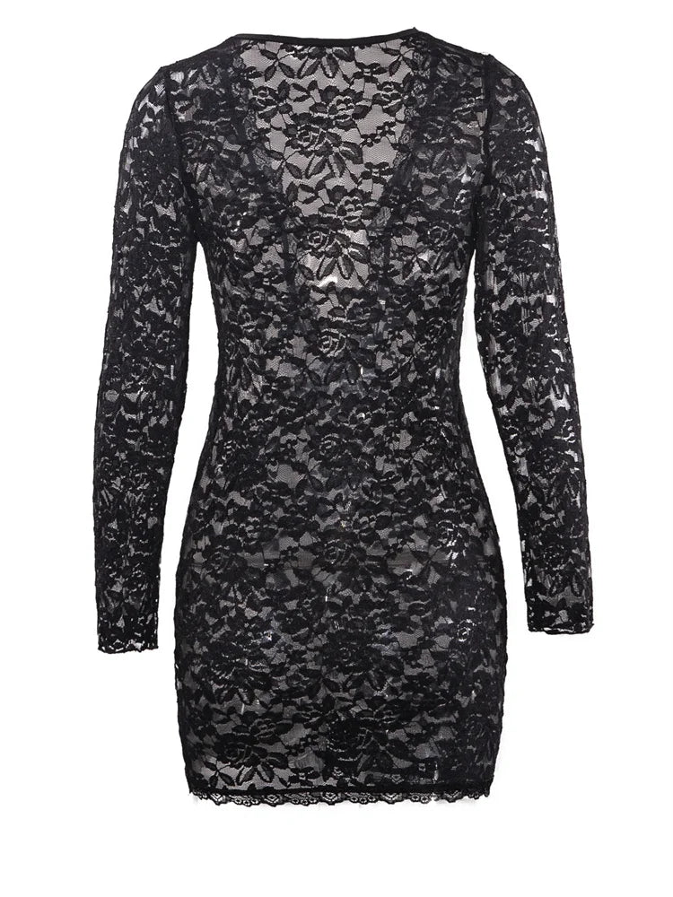 kliou Lace Embroidered Mini Dress Women Coquette Solid Deep V-neck Full Sleeve See Through Slim Frock Sexy Hot Midnight Vestidos