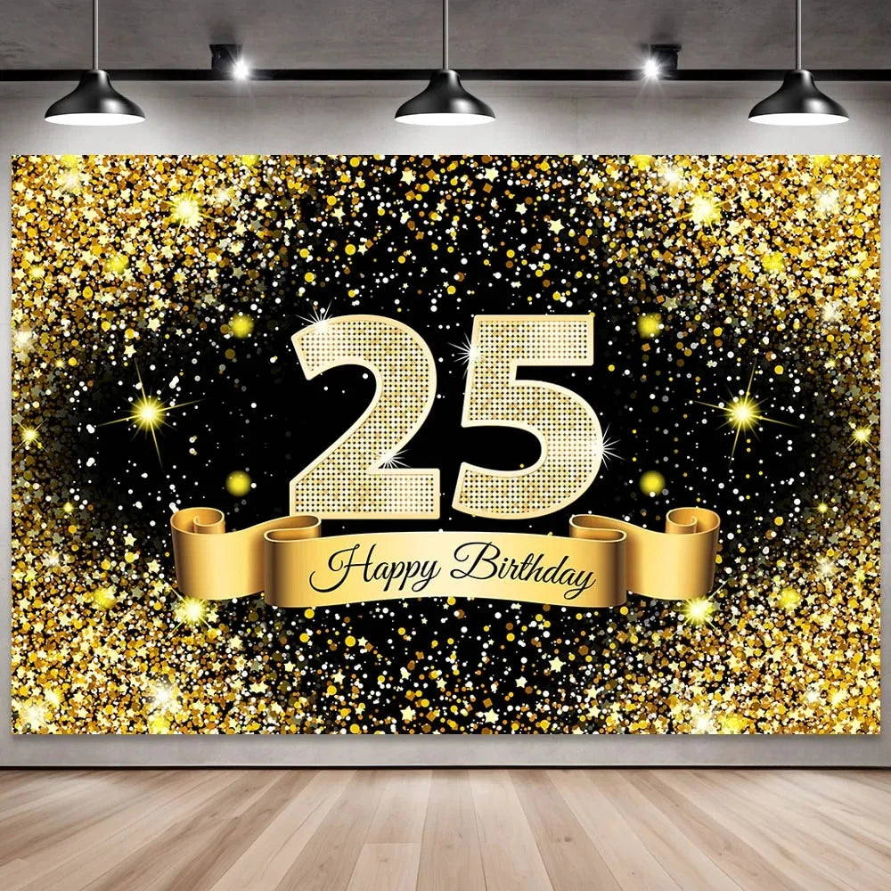 Golden black birthday party background, 18-40-50-60-year-old photography background, photo booth logo, poster background banner
