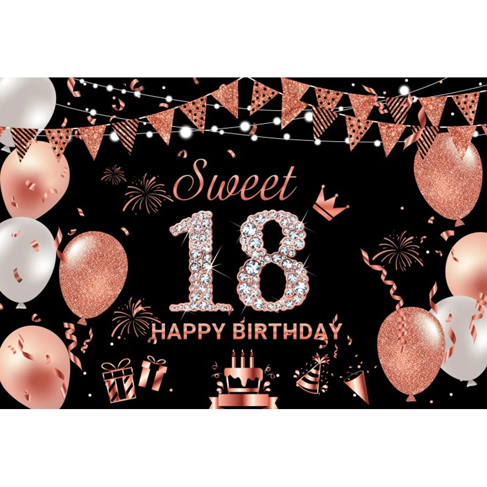 18th Birthday Photography Background Black Golden Glitter Balloons Boys Girls 18 Years Old Birthday Party Decoration Backdrops