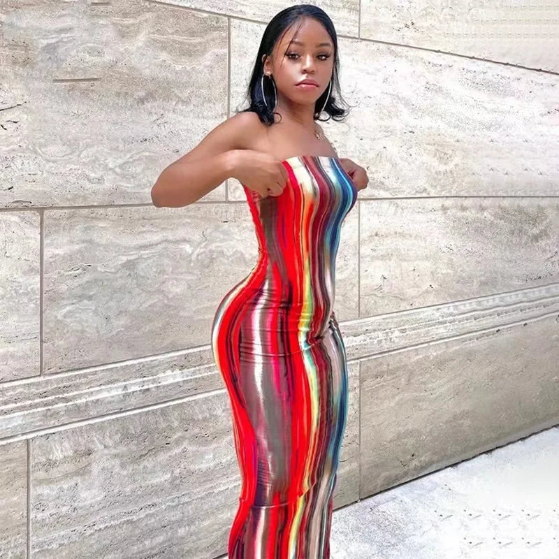 2025 Summer Women's Print Slim Sexy Strapless Long Vintage Dress  Robe Vestido Streetwear Evening Dresses