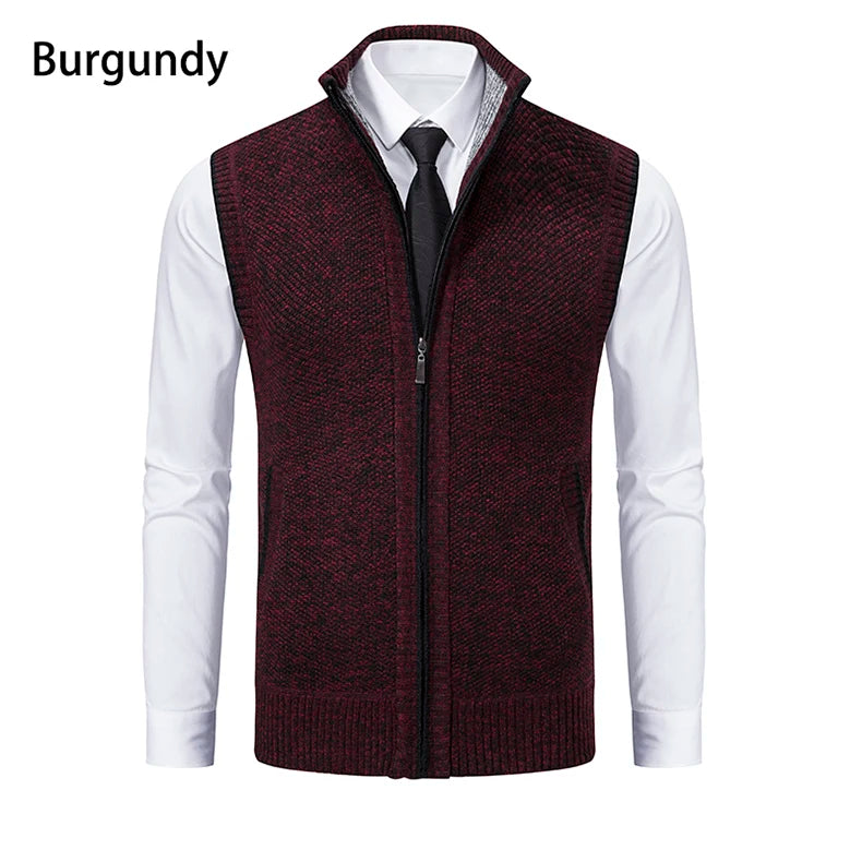 Vest Men's Knitted Sleeveless Sweater Wool Velvet Zipper Cardigan Turn-down Pullovers Turtleneck Sweatercoat Knit Waistcoat