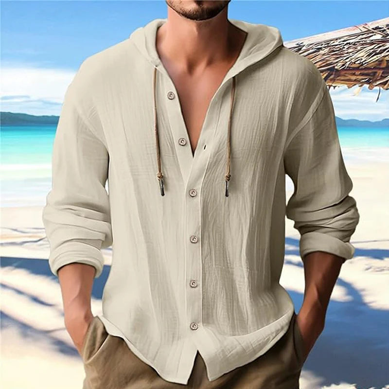 Summer Men's Linen Shirt Solid Streetwear Long Sleeve Hoodie Cardigan