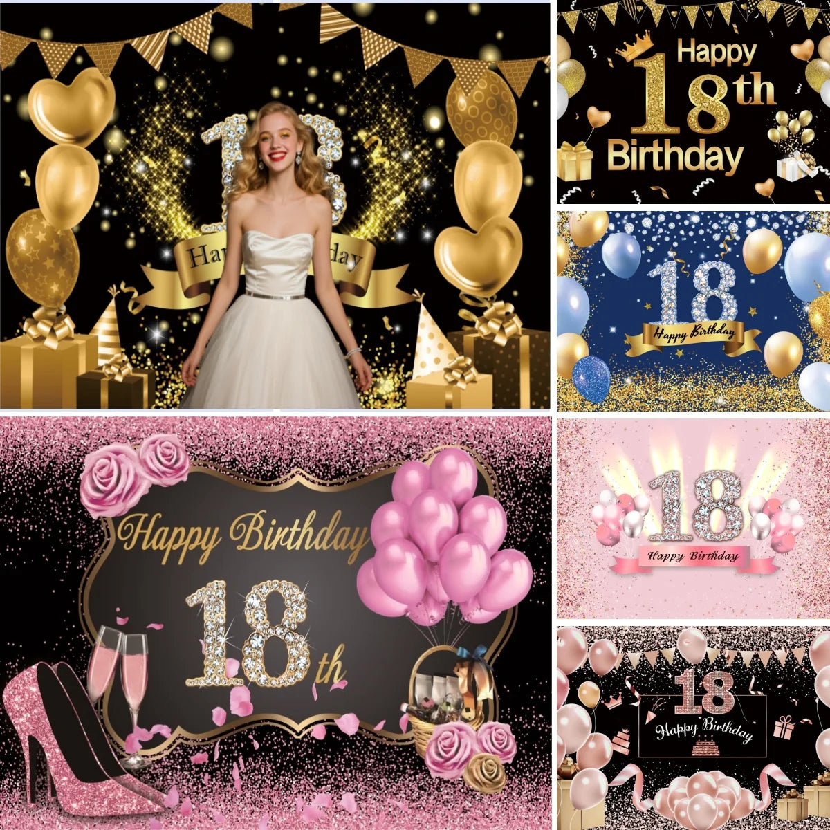 18th Birthday Photography Background Black Golden Glitter Balloons Boys Girls 18 Years Old Birthday Party Decoration Backdrops