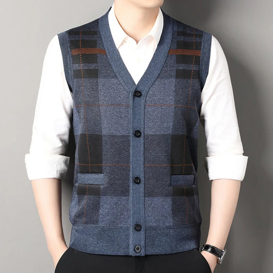 New Autumn Male Vest Sleeveless Sweater Fleece Cardigan Warm Knitted Checkered Business Casual Button Up Coat Men's Clothing