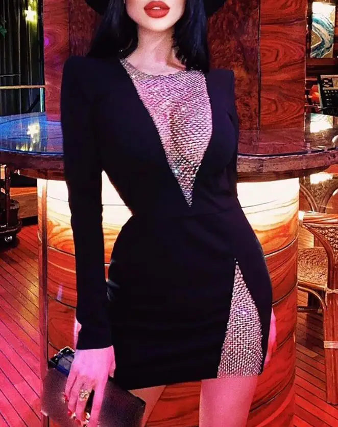 Long Sleeve Fishnet Patch Bodycon Dress for Women Novelty Woman Dress Women's Elegant Dresses