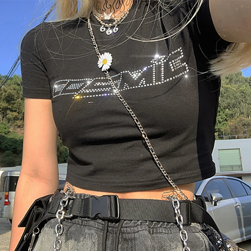 Y2k Sexy Punk Vintage Goth Crop Tops Women Fashion Rhinestone Short Sleeve T-shirt Summer O-neck Tshirt Black Top Tee Streetwear